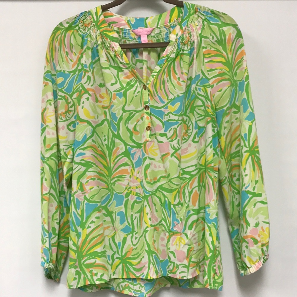 Lilly Pulitzer Silk Blouse Top Green Floral Print Button Down